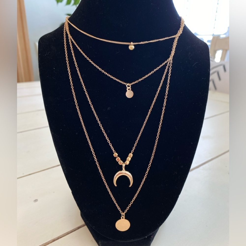 Celestial Layered Fashion Necklace Gold Tone Costume Jewelry Boho Hipster NWT